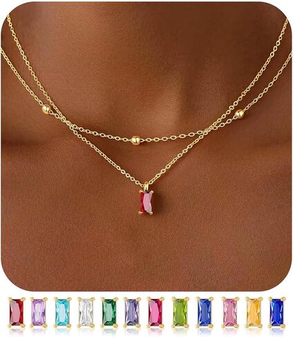 M MOOHAM Easter Gifts - Birthstone Necklaces for Women, 14K Gold-Plated Dainty Blue Green Emerald Birthstone Layered Necklace, Gold CZ Pendant Necklace Trendy Women's Jewelry Birthday Gifts in Kuwait