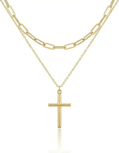 Harlermoon 18K Real Gold Plated Layered Cross Necklace for Women, Stainless Steel Paperclip Chain Necklace, Waterproof Minimalist Religious Jewelry with Gift Box, Spiritual Gifts for Mom Sister Her in Saudi Arabia