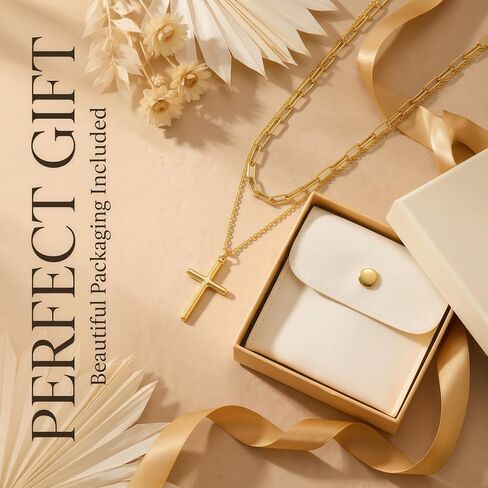 Harlermoon 18K Real Gold Plated Layered Cross Necklace for Women, Stainless Steel Paperclip Chain Necklace, Waterproof Minimalist Religious Jewelry with Gift Box, Spiritual Gifts for Mom Sister Her in Saudi Arabia