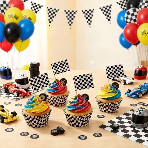 TecUnite 100 Pieces Checkered Flag Cupcake Wrapper Liner Racing Car Cupcake Toppers and 100 Pieces Checkered Flag Toothpicks Racing for Cake Decorations(Black and White) in Kuwait