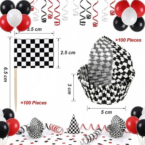 TecUnite 100 Pieces Checkered Flag Cupcake Wrapper Liner Racing Car Cupcake Toppers and 100 Pieces Checkered Flag Toothpicks Racing for Cake Decorations(Black and White) in Kuwait