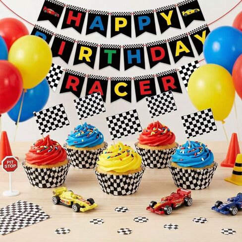 TecUnite 100 Pieces Checkered Flag Cupcake Wrapper Liner Racing Car Cupcake Toppers and 100 Pieces Checkered Flag Toothpicks Racing for Cake Decorations(Black and White) in Kuwait