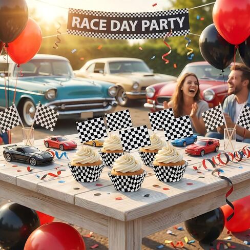 TecUnite 100 Pieces Checkered Flag Cupcake Wrapper Liner Racing Car Cupcake Toppers and 100 Pieces Checkered Flag Toothpicks Racing for Cake Decorations(Black and White) in Kuwait