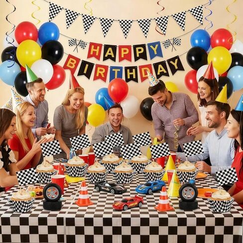 TecUnite 100 Pieces Checkered Flag Cupcake Wrapper Liner Racing Car Cupcake Toppers and 100 Pieces Checkered Flag Toothpicks Racing for Cake Decorations(Black and White) in Kuwait