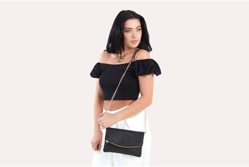 Women's Black Flap Clutch with Bronze Chain & Leather Strap in Saudi Arabia