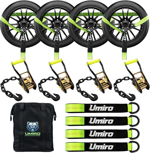 4 Pack Reflective Car Tie Down Straps for Trailers Tire Ratchet Strap with Chain Anchors 2" x 10' 10,000LBS Break Strength Wheel Straps for Hauling UTV,SUV,Truck (Fluorescent Green, 2''*10') in Kuwait
