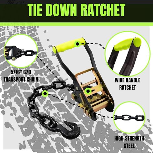 4 Pack Reflective Car Tie Down Straps for Trailers Tire Ratchet Strap with Chain Anchors 2" x 10' 10,000LBS Break Strength Wheel Straps for Hauling UTV,SUV,Truck (Fluorescent Green, 2''*10') in Kuwait