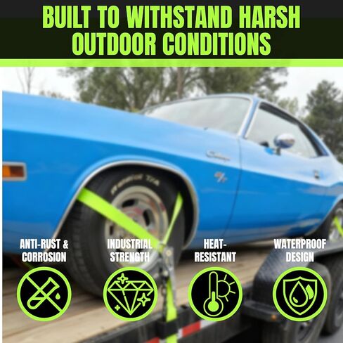 4 Pack Reflective Car Tie Down Straps for Trailers Tire Ratchet Strap with Chain Anchors 2" x 10' 10,000LBS Break Strength Wheel Straps for Hauling UTV,SUV,Truck (Fluorescent Green, 2''*10') in Kuwait