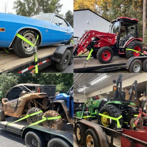 4 Pack Reflective Car Tie Down Straps for Trailers Tire Ratchet Strap with Chain Anchors 2" x 10' 10,000LBS Break Strength Wheel Straps for Hauling UTV,SUV,Truck (Fluorescent Green, 2''*10') in Kuwait