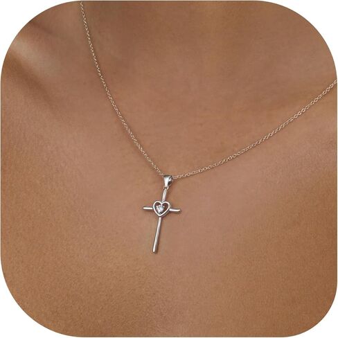 NORBU 925 Sterling Silver Heart Cross Necklace for Women, Heart Cross Necklaces with 5A CZ Diamond, Womens' Religious Christian Jewelry Valentine’s Day Gift for Her Birthday Baptism in Kuwait