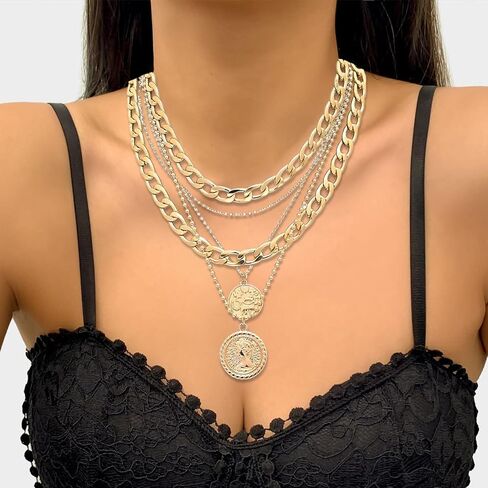 14K Gold Plated Layered Necklaces Retro Coin Necklace Set Dainty Gold Jewelry for Women in Saudi Arabia