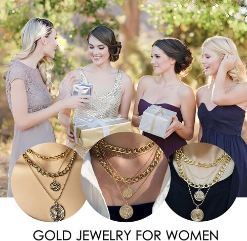 14K Gold Plated Layered Necklaces Retro Coin Necklace Set Dainty Gold Jewelry for Women in Saudi Arabia