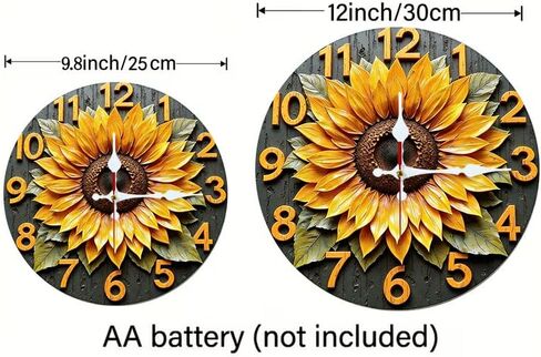Wall Clock Art Print, Silent Non Ticking Battery Operated,Sunflower & Wood Grain Clock 2D Art Print Decorative for Bathroom Kitchen Bedroom 10 inch & 12 inch, Ships Next Day，No Battery in Saudi Arabia