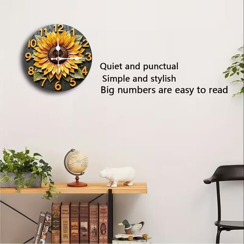 Wall Clock Art Print, Silent Non Ticking Battery Operated,Sunflower & Wood Grain Clock 2D Art Print Decorative for Bathroom Kitchen Bedroom 10 inch & 12 inch, Ships Next Day，No Battery in Saudi Arabia