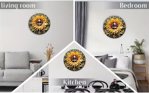 Wall Clock Art Print, Silent Non Ticking Battery Operated,Sunflower & Wood Grain Clock 2D Art Print Decorative for Bathroom Kitchen Bedroom 10 inch & 12 inch, Ships Next Day，No Battery in Saudi Arabia