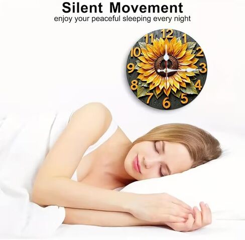 Wall Clock Art Print, Silent Non Ticking Battery Operated,Sunflower & Wood Grain Clock 2D Art Print Decorative for Bathroom Kitchen Bedroom 10 inch & 12 inch, Ships Next Day，No Battery in Saudi Arabia