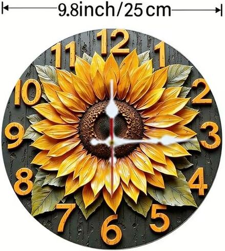 Wall Clock Art Print, Silent Non Ticking Battery Operated,Sunflower & Wood Grain Clock 2D Art Print Decorative for Bathroom Kitchen Bedroom 10 inch & 12 inch, Ships Next Day，No Battery in Saudi Arabia