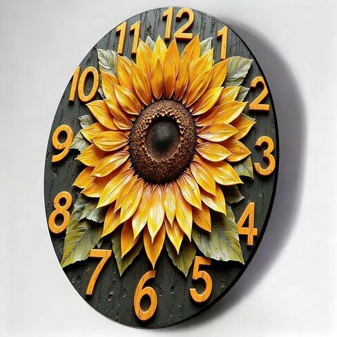 Wall Clock Art Print, Silent Non Ticking Battery Operated,Sunflower & Wood Grain Clock 2D Art Print Decorative for Bathroom Kitchen Bedroom 10 inch & 12 inch, Ships Next Day，No Battery in Saudi Arabia