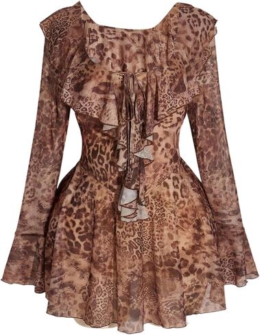 Women's Plus Size Leopard Print Mini Dress Y2K Vintage Cheetah Tie Front Bell Sleeve A Line Vacation Dresses in Saudi Arabia