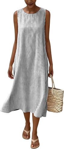 chouyatou Women's Summer Cotton Striped Midi Long Dress Boho Loose Fit Beach Party Tank Sun Dress with Pockets in Saudi Arabia