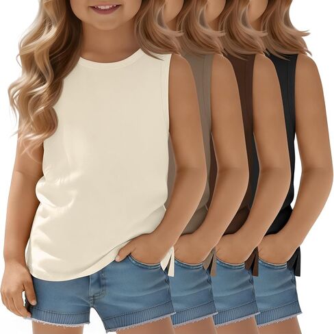 4 قطع من القمصان الداخلية للفتيات الصغيرات بدون أكمام للفتيات الصغيرات في الصيف والأطفال برقبة دائرية كاجوال بفتحة جانبية in Kuwait