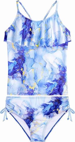 HOZIY Girls Swimsuit 2 Piece Tankini with Adjustable Straps Drawstring Shorts Ruffle Bathing Suit for 5-16Y in Saudi Arabia