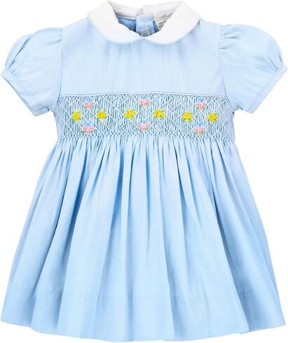 Carriage Boutique Girls Dress Pink o Blue Pique Flowers Short Sleeve Hand Smocked Dress in Kuwait