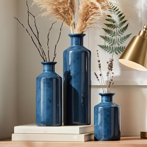 Kimdio Blue Ceramic Vase Set- 3 Blue Vases, Modern Farmhouse Vase Home Decor Accents, Pampas Grass Vases for Living Room, Office, Bathroom,Home,Wedding and Centerpiece in Kuwait