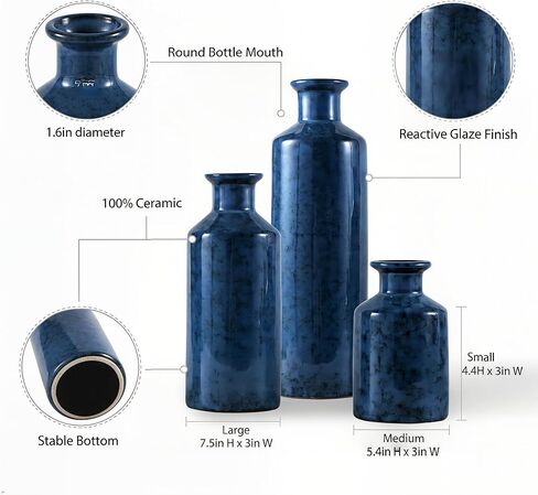 Kimdio Blue Ceramic Vase Set- 3 Blue Vases, Modern Farmhouse Vase Home Decor Accents, Pampas Grass Vases for Living Room, Office, Bathroom,Home,Wedding and Centerpiece in Kuwait
