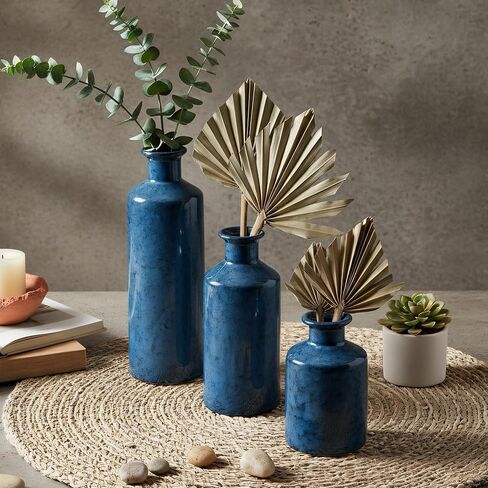 Kimdio Blue Ceramic Vase Set- 3 Blue Vases, Modern Farmhouse Vase Home Decor Accents, Pampas Grass Vases for Living Room, Office, Bathroom,Home,Wedding and Centerpiece in Kuwait