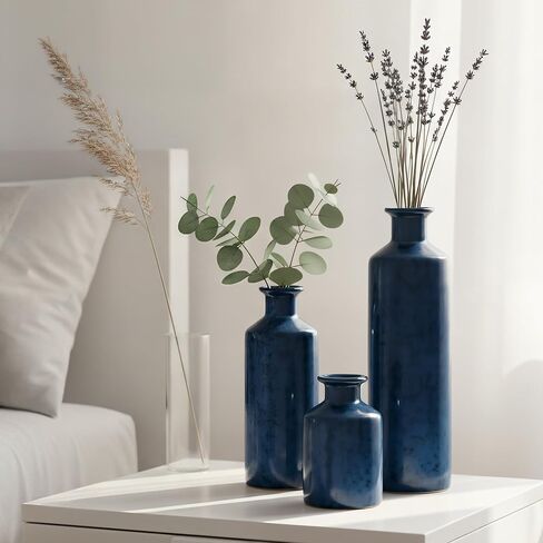 Kimdio Blue Ceramic Vase Set- 3 Blue Vases, Modern Farmhouse Vase Home Decor Accents, Pampas Grass Vases for Living Room, Office, Bathroom,Home,Wedding and Centerpiece in Kuwait