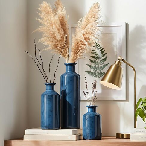 Kimdio Blue Ceramic Vase Set- 3 Blue Vases, Modern Farmhouse Vase Home Decor Accents, Pampas Grass Vases for Living Room, Office, Bathroom,Home,Wedding and Centerpiece in Kuwait
