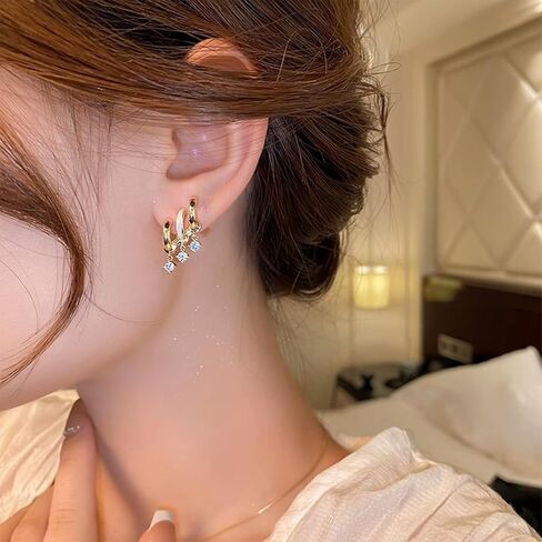 أقراط هوجي ثلاثية مطلية بالذهب عيار 14 قيراط، أقراط هوجي هوب مزدوجة لفتحة واحدة، أقراط فانغ جينغاو الحجرية in Kuwait