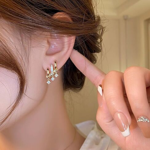 أقراط هوجي ثلاثية مطلية بالذهب عيار 14 قيراط، أقراط هوجي هوب مزدوجة لفتحة واحدة، أقراط فانغ جينغاو الحجرية in Kuwait