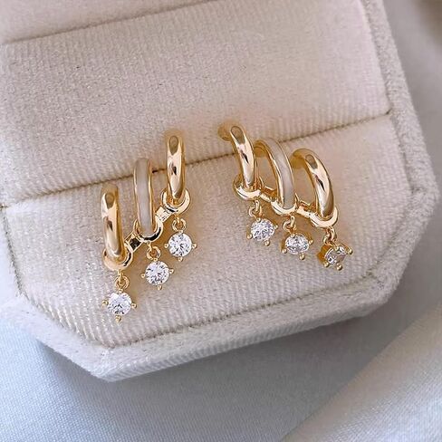 أقراط هوجي ثلاثية مطلية بالذهب عيار 14 قيراط، أقراط هوجي هوب مزدوجة لفتحة واحدة، أقراط فانغ جينغاو الحجرية in Kuwait