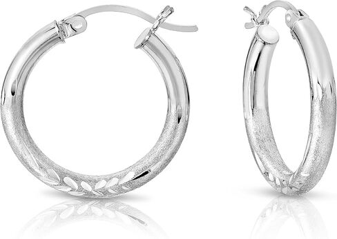 Sterling Silver Hand Engraved Floral Diamond-cut Round Hoop Earrings, 3mm Tube in Saudi Arabia