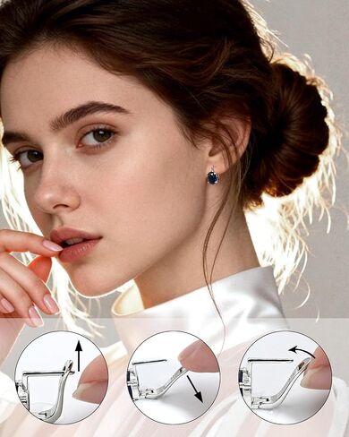 Hypoallergenic Small Blue Sapphire Hoop Earrings for Women | Silver Huuige Hoop Jewelry | 8MM Oval Navy Blue Birthstone-Like Earrings for Weddings, Sensitive Ears & Daily Luxury in Kuwait