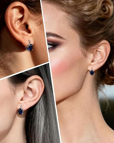 Hypoallergenic Small Blue Sapphire Hoop Earrings for Women | Silver Huuige Hoop Jewelry | 8MM Oval Navy Blue Birthstone-Like Earrings for Weddings, Sensitive Ears & Daily Luxury in Kuwait