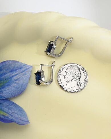Hypoallergenic Small Blue Sapphire Hoop Earrings for Women | Silver Huuige Hoop Jewelry | 8MM Oval Navy Blue Birthstone-Like Earrings for Weddings, Sensitive Ears & Daily Luxury in Kuwait