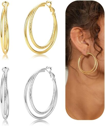 زوجان من الأقراط الحلقية المزدوجة من الفضة الإسترلينية عيار 925 للنساء، مجموعة أقراط هوجي مضادة للحساسية خفيفة الوزن، حلق كبير مطلي بالذهب عيار 16 قيراط للأذنين الحساسة غير مشوه in Kuwait