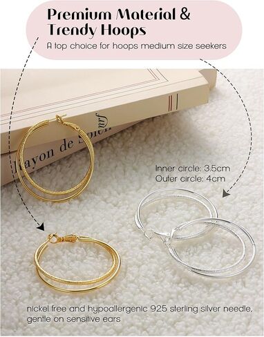 زوجان من الأقراط الحلقية المزدوجة من الفضة الإسترلينية عيار 925 للنساء، مجموعة أقراط هوجي مضادة للحساسية خفيفة الوزن، حلق كبير مطلي بالذهب عيار 16 قيراط للأذنين الحساسة غير مشوه in Kuwait