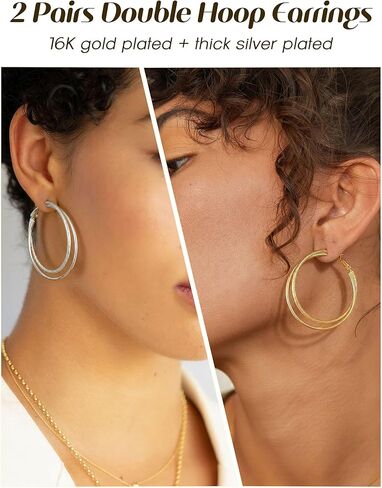 زوجان من الأقراط الحلقية المزدوجة من الفضة الإسترلينية عيار 925 للنساء، مجموعة أقراط هوجي مضادة للحساسية خفيفة الوزن، حلق كبير مطلي بالذهب عيار 16 قيراط للأذنين الحساسة غير مشوه in Kuwait