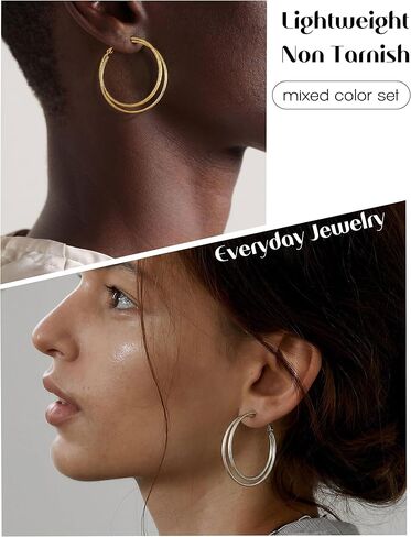 زوجان من الأقراط الحلقية المزدوجة من الفضة الإسترلينية عيار 925 للنساء، مجموعة أقراط هوجي مضادة للحساسية خفيفة الوزن، حلق كبير مطلي بالذهب عيار 16 قيراط للأذنين الحساسة غير مشوه in Kuwait