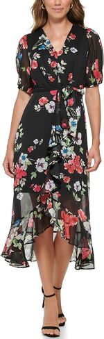 DKNY Women's Ruffle Hem V-Neck Puff Sleeve Dress in Saudi Arabia