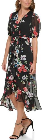 DKNY Women's Ruffle Hem V-Neck Puff Sleeve Dress in Saudi Arabia