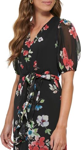 DKNY Women's Ruffle Hem V-Neck Puff Sleeve Dress in Saudi Arabia