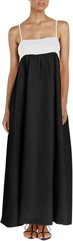 chouyatou Women's Summer Color Block Spaghetti Strap Maxi Linen Dress Long Casual Flowy Beach Sundress in Saudi Arabia