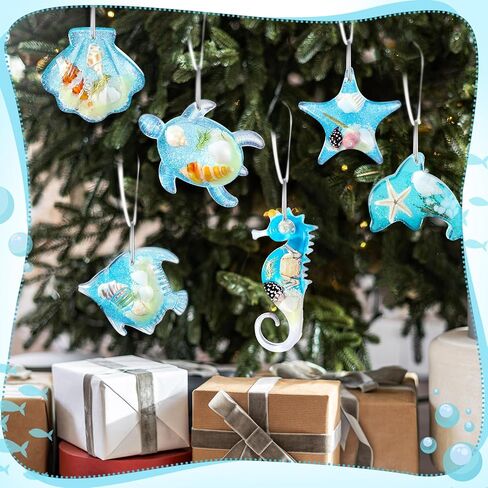 Leinuosen 6 Pcs Beach Ornaments for Tree Acrylic Crystal Coastal Beach Tree Decorations Summer Ocean Starfish Seashell Blue Summer Ornament Sea Seahorse Shell Turtle Hanging Home Decor for Party Gifts in Saudi Arabia