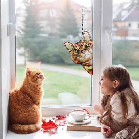 نافذة معلقة من الزجاج الملون من ريمياوي، قطة تطل بشكل مضحك مع سلسلة معدنية وخطافات نافذة ديكور داخلي وعيد الميلاد، هدايا عيد ميلاد الحيوانات الأليفة لعيد الأم لمحبي القطط in Kuwait