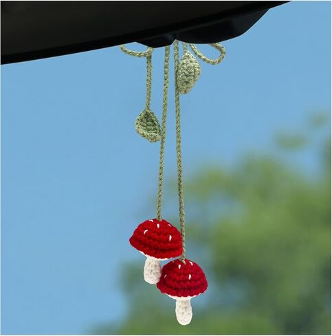 2 PCS Crochet Mushroom Car Charm, Handmade Crocheted Simulated Mushroom Hanging Ornament, Stereoscopic Botanical Bag Decoration, Car Accessories in Saudi Arabia